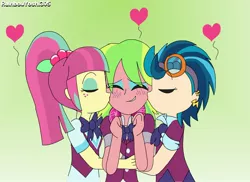 Size: 2818x2049 | Tagged: safe, artist:rainbowyoshi305, derpibooru import, indigo zap, lemon zest, sour sweet, equestria girls, clothes, crystal prep academy uniform, female, kissing, lemonsweet, lemonsweetzap, lemonzap, lesbian, school uniform, shipping