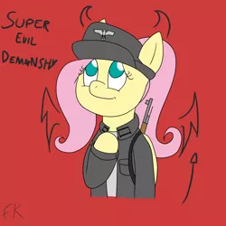 Size: 3000x3000 | Tagged: artist:facelesssoles, clothes, demon wings, derpibooru import, devil horns, fluttershy, gun, high res, nazi, red background, rifle, safe, schutzstaffel, simple background, solo, uniform, weapon