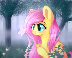 Size: 1500x1200 | Tagged: artist:mitralexa, blushing, butterfly, cute, derpibooru import, flower, fluttershy, forest, safe, shyabetes, solo, tree