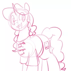 Size: 700x700 | Tagged: safe, artist:goat train, deleted from derpibooru, derpibooru import, oc, oc:marker pony, unofficial characters only, pony, unicorn, 4chan, clothes, female, mare, monochrome, open mouth, shirt, simple background, sketch, smiling, solo, t-shirt, white background