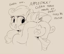 Size: 1000x850 | Tagged: safe, artist:sirmasterdufel, derpibooru import, applejack, rarity, pony, angry, dialogue, guess who, monochrome, peekaboo, simple background, this will end in tears and/or death