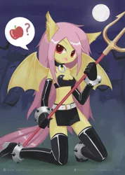 Size: 1075x1512 | Tagged: suggestive, artist:howxu, derpibooru import, fluttershy, anthro, bat pony, plantigrade anthro, adorasexy, apple, belt, breasts, busty fluttershy, clothes, cosplay, costume, cute, devil, disgaea, etna, female, flutterbat, food, gloves, kneeling, latex, latex gloves, latex socks, midriff, miniskirt, moon, night, race swap, sexy, shyabates, shyabetes, skirt, socks, solo, thigh highs, trident