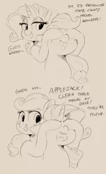 Size: 1000x1644 | Tagged: angry, applejack, artist:sirmasterdufel, covering eyes, derpibooru import, guess who, monochrome, peekaboo, rarity, safe, simple background