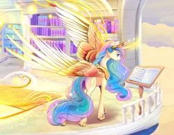 Size: 2200x1700 | Tagged: safe, artist:viwrastupr, derpibooru import, princess celestia, alicorn, pony, balcony, beautiful, book, crown, cutie mark, epic wings, ethereal mane, ethereal tail, feather, female, flowing mane, flowing tail, glowing horn, glowing wings, hoof shoes, jewelry, large wings, lidded eyes, magic, majestic, mare, multicolored mane, multicolored tail, powerful, purple eyes, regal, regalia, royalty, smiling, solo, tiara, wings