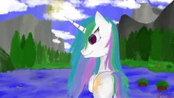 Size: 4096x2304 | Tagged: safe, artist:wax-42, derpibooru import, princess celestia, alicorn, pony, absurd resolution, cloud, cloudy, cutie mark, day, female, freedom, lake, mare, mountain, multicolored mane, multicolored tail, nature, plot, praise the sun, purple eyes, rock, royalty, scenery, sky, smiling, solo, sun, sunbutt, traditional art, tree, water, watercolor painting, wet mane, wet mane celestia