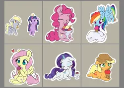 Size: 1984x1417 | Tagged: safe, artist:alasou, deleted from derpibooru, derpibooru import, applejack, derpy hooves, fluttershy, pinkie pie, rainbow dash, rarity, twilight sparkle, twilight sparkle (alicorn), alicorn, pony, apple, cloud, cute, eyes closed, floppy ears, food, heart, holding, horn impalement, ice cream, ice cream cone, licking, mane six, prone, silly, silly pony, simple background, sitting, that pony sure does love apples, tongue out, who's a silly pony