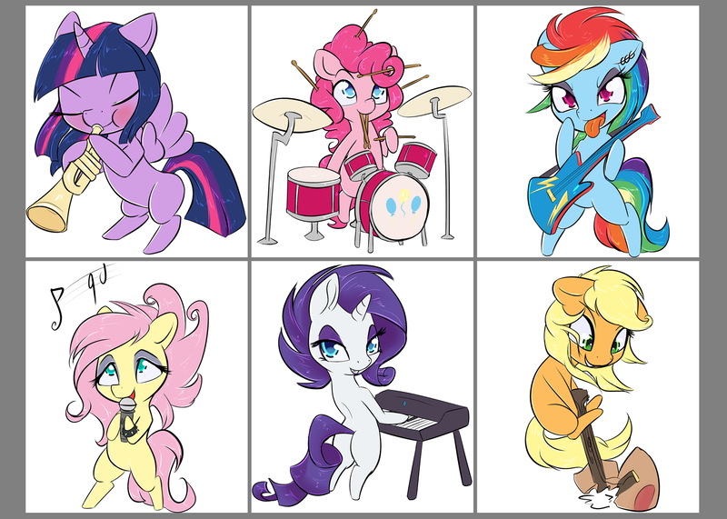 Size: 1984x1417 | Tagged: safe, artist:alasou, deleted from derpibooru, derpibooru import, applejack, fluttershy, pinkie pie, rainbow dash, rarity, twilight sparkle, twilight sparkle (alicorn), alicorn, pony, alternate hairstyle, chibi, cute, drums, drumsticks, eyeshadow, guitar, keyboard, makeup, mane six, microphone, mouth hold, musical instrument, prehensile mane, simple background, singing, tongue out, trumpet