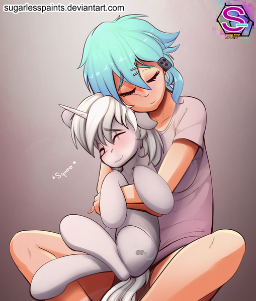 Size: 1371x1617 | Tagged: safe, artist:sugarlesspaints, derpibooru import, oc, oc:silver sickle, unofficial characters only, human, pony, unicorn, asada shino, cheek squish, commission, crossover, cute, eyes closed, female, floppy ears, hug, human on pony snuggling, male, scar, sinon, sitting, smiling, snuggling, squee, squishy cheeks, stallion, straight, sword art online