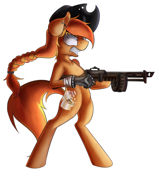 Size: 1731x1884 | Tagged: safe, artist:beardie, derpibooru import, oc, unofficial characters only, pony, bipedal, commission, fallout, gun, hat, shotgun, simple background, solo, transparent background, weapon