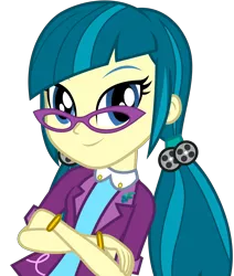 Size: 6452x7592 | Tagged: safe, artist:pink1ejack, derpibooru import, official, juniper montage, equestria girls, movie magic, spoiler:eqg specials, absurd resolution, baubles, blue background, bracelet, clothes, crossed arms, female, glasses, hair tie, jewelry, lapel pin, looking at you, pigtails, shirt, simple background, smiling, solo, transparent background, twintails, vector