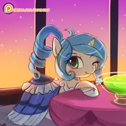 Size: 750x750 | Tagged: safe, artist:lumineko, derpibooru import, smooze, oc, oc:opuscule antiquity, unofficial characters only, pony, unicorn, blushing, clothes, colored pupils, cute, dress, eating, female, gala dress, looking at you, mare, ocbetes, one eye closed, patreon, patreon logo, punch, solo, wink