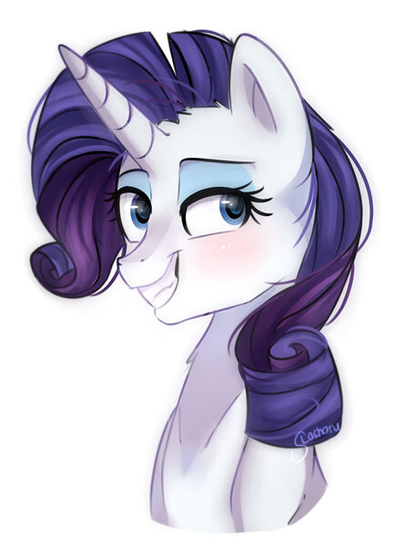 Size: 1024x1345 | Tagged: safe, artist:slasharu, derpibooru import, rarity, pony, unicorn, blushing, bust, grin, portrait, simple background, smiling, solo, white background