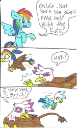 Size: 894x1477 | Tagged: safe, artist:cmara, derpibooru import, gilda, rainbow dash, oc, oc:gren, oc:rainbow feather, classical hippogriff, gryphon, hippogriff, pegasus, pony, comic, cute, dialogue, eyes closed, family, female, flying, foal, frown, gildash, glare, gritted teeth, interspecies, interspecies offspring, lesbian, magical lesbian spawn, mare, mother and daughter, mother and son, next generation, offspring, open mouth, parent:gilda, parent:rainbow dash, parents:gildash, shipping, smiling, spread wings, traditional art, wings