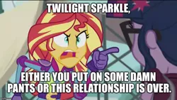 Size: 800x450 | Tagged: safe, derpibooru import, edit, edited screencap, screencap, sci-twi, sunset shimmer, twilight sparkle, equestria girls, friendship games, adam, adam and eve, angry, atop the fourth wall, eve, exploitable meme, female, holy terror, image macro, lesbian, linkara, meme, shipping, sunset yells at twilight, sunsetsparkle