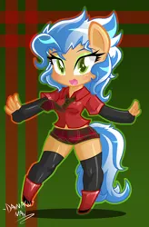 Size: 1644x2500 | Tagged: safe, artist:danmakuman, derpibooru import, oc, oc:jackie, unofficial characters only, anthro, earth pony, unguligrade anthro, anthro oc, chibi, clothes, commission, eyeshadow, female, makeup, mare, midriff, necktie, open mouth, shirt, smiling, solo