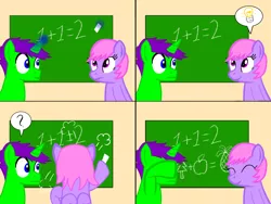 Size: 1600x1200 | Tagged: safe, artist:toyminator900, derpibooru import, oc, oc:clever clop, oc:melody notes, unofficial characters only, pegasus, pony, unicorn, chalk, chalkboard, comic, facehoof, lightbulb, magic, math, speech bubble, telekinesis