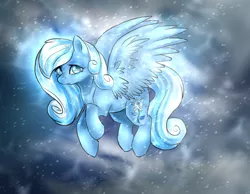 Size: 1372x1064 | Tagged: safe, artist:not-ordinary-pony, derpibooru import, oc, oc:snowdrop, unofficial characters only, pegasus, pony, cloud, female, flying, looking at you, mare, snow, snowfall, solo