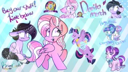 Size: 1920x1080 | Tagged: safe, artist:lynchristina, derpibooru import, princess flurry heart, starlight glimmer, trixie, twilight sparkle, twilight sparkle (alicorn), oc, oc:ashley h, oc:galaxy star, alicorn, pony, unicorn, advertisement, heart eyes, merchandise, older, wingding eyes