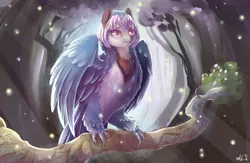 Size: 2000x1300 | Tagged: artist:alina-sherl, bird, derpibooru import, forest, harpy, looking at you, monster mare, monster pony, oc, original species, safe, snow, snowfall, solo, species swap, tree branch, unofficial characters only