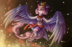 Size: 2000x1300 | Tagged: armor, artist:alina-sherl, breastplate, chest protector, clothes, derpibooru import, feather, harpy, headdress, monster mare, monster pony, oc, original species, safe, scar, skull, solo, unofficial characters only