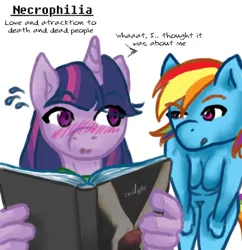 Size: 540x558 | Tagged: anthro, artist:sehad, big book of fetishes, blushing, book, dead source, derpibooru import, dialogue, fetish, open mouth, rainbow dash, simple, simple background, sketch, suggestive, sweat, twilight (series), twilight sparkle, vampire, white background