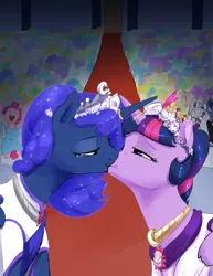 Size: 1280x1656 | Tagged: safe, artist:silfoe, derpibooru import, night light, pinkie pie, princess luna, twilight sparkle, twilight sparkle (alicorn), twilight velvet, alicorn, pony, royal sketchbook, clothes, crowd, dress, female, kissing, lesbian, marriage, shipping, smiling, twiluna, wedding, wedding dress