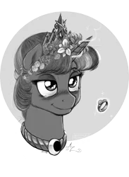 Size: 1540x2100 | Tagged: safe, artist:amarynceus, deleted from derpibooru, derpibooru import, twilight sparkle, twilight sparkle (alicorn), alicorn, pony, alternate hairstyle, clothes, crying, dress, implied twiluna, monochrome, smiling, solo, tears of joy, wedding dress