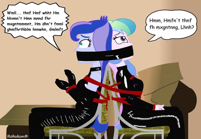 Size: 1073x745 | Tagged: suggestive, artist:robukun, derpibooru import, princess celestia, princess luna, equestria girls, bodysuit, bondage, bound together, breasts, busty princess celestia, busty princess luna, dialogue, female, femsub, gag, grammar error, lunasub, muffled words, principal celestia, pvc, rope, rope bondage, sideboob, sitting, sublestia, submissive, tape gag, vice principal luna