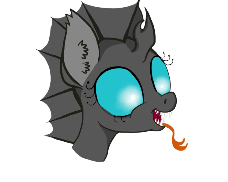 Size: 1555x1246 | Tagged: safe, artist:paskanaakka, derpibooru import, changeling, bust, ear fluff, fangs, forked tongue, portrait, sharp teeth, simple background, smiling, solo, teeth, tongue out, transparent background