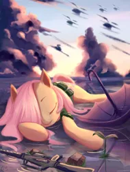 Size: 778x1024 | Tagged: artist:agm, artist:gianghanz, clothes, cloud, derpibooru import, edit, eyes closed, flashback, fluttershy, gun, lying down, ptsd, reflection, rifle, safe, sky, sunset, umbrella, uniform, vietnam, vietnam war, water, weapon