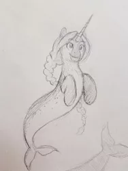 Size: 756x1008 | Tagged: artist:askbubblelee, braid, cute, derpibooru import, female, mare, merpony, narwhal, oc, pencil drawing, safe, simple background, sketch, smiling, solo, traditional art, unofficial characters only