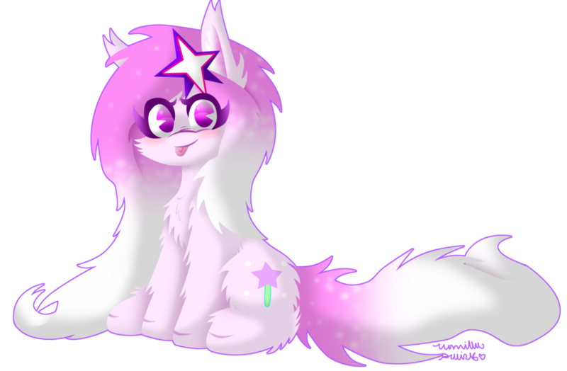 Size: 1024x671 | Tagged: safe, artist:vanillaswirl6, derpibooru import, oc, oc:stardust, unofficial characters only, earth pony, pony, :p, blushing, cheek fluff, chest fluff, chibi, commission, cute, ear fluff, fluffy, long mane, looking at you, photoshop, pink, shading, simple background, sitting, smiling, solo, sparkles, sparkly, tongue out, transparent background