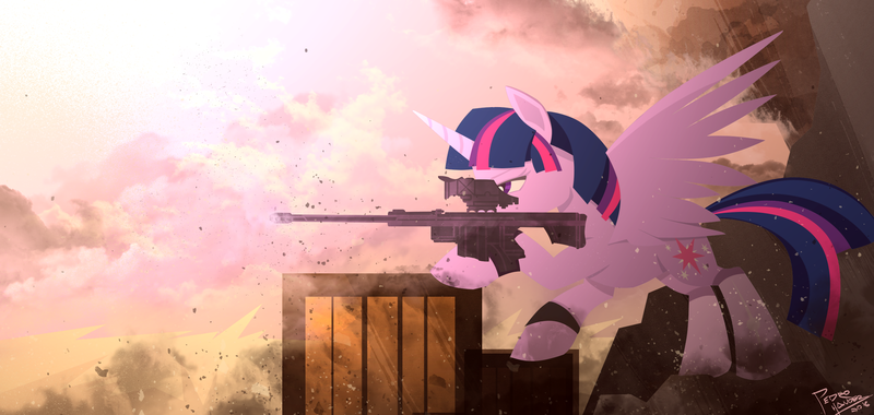 Size: 2513x1193 | Tagged: safe, artist:pedrohander, derpibooru import, twilight sparkle, twilight sparkle (alicorn), alicorn, pony, cutie mark, female, gun, hooves, horn, mare, optical sight, rifle, sniper rifle, solo, spread wings, weapon, wings