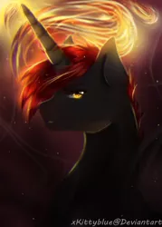 Size: 1073x1500 | Tagged: safe, artist:xkittyblue, derpibooru import, oc, oc:crimson shadow, unofficial characters only, pony, unicorn, glowing mane, lidded eyes, looking at you, male, solo, stallion, yellow eyes