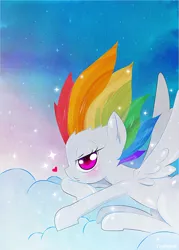 Size: 500x700 | Tagged: dead source, safe, artist:tsudashie, derpibooru import, rainbow dash, cloud, dawn, heart, image, looking at you, png, resting, sky, solo, sparkles, super rainbow dash