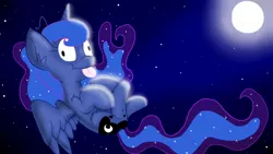 Size: 1152x648 | Tagged: safe, artist:scourgesong, derpibooru import, princess luna, pony, derp, moon, night, silly, silly pony, solo, tongue out