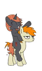 Size: 514x873 | Tagged: safe, artist:pizzamovies, derpibooru import, oc, oc:incendia, oc:pizzamovies, unofficial characters only, earth pony, pony, unicorn, fanfic:antipodes, annoyed, cutie mark, duo, female, male, mare, ponies riding ponies, riding, simple background, smiling, solo, stallion, standing, transparent background