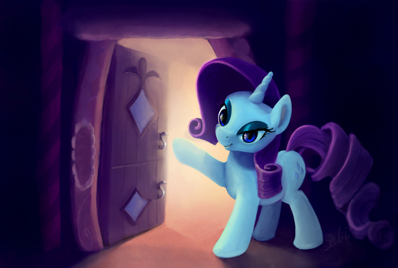 Size: 2000x1349 | Tagged: safe, artist:xbi, derpibooru import, rarity, pony, carousel boutique, door, lidded eyes, looking at you, solo, tabun art-battle finished after