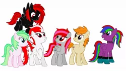 Size: 960x539 | Tagged: safe, artist:pizzamovies, derpibooru import, oc, oc:crystalatora, oc:lemony snubs, oc:pizzamovies, oc:sunny breeze, oc:vanir, oc:zephyr buck, unofficial characters only, earth pony, pegasus, pony, unicorn, cutie mark, flying, group, red and black oc, red eyes, simple background, smiling, solo, standing, teeth, transparent background, vector