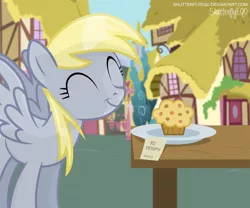 Size: 2343x1954 | Tagged: safe, artist:shutterflyeqd, derpibooru import, derpy hooves, pegasus, pony, equestria daily, cute, derpy day, derpy day 2017, eyes closed, food, muffin, ponyville, smiling, solo, table, that pony sure does love muffins