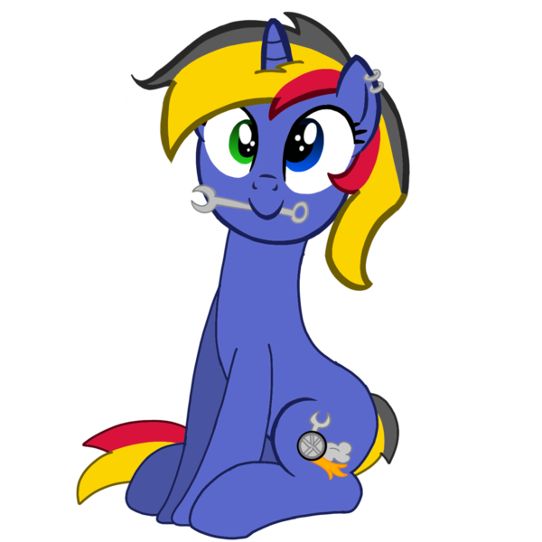 Size: 1500x1500 | Tagged: safe, artist:toyminator900, derpibooru import, oc, oc:wheelie rims, unofficial characters only, pony, unicorn, cute, ear piercing, earring, female, heterochromia, jewelry, looking at you, mare, mechanic, mouth hold, ocbetes, piercing, simple background, sitting, smiling, solo, toyminator900 is trying to murder us, transparent background, wrench