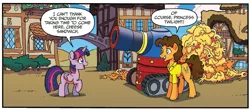 Size: 1309x578 | Tagged: safe, artist:tonyfleecs, derpibooru import, idw, cheese sandwich, twilight sparkle, twilight sparkle (alicorn), alicorn, earth pony, pony, spoiler:comic, spoiler:guardians of harmony, duo, female, male, mare, official comic, party tank, rubber chicken, speech bubble, stallion