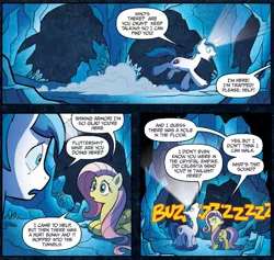 Size: 1302x1232 | Tagged: safe, artist:tonyfleecs, derpibooru import, idw, fluttershy, shining armor, pegasus, pony, unicorn, spoiler:comic, spoiler:guardians of harmony, cave, comic, crystal, glowing horn, horn, male, official comic, speech bubble, stallion