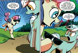 Size: 1372x943 | Tagged: safe, artist:andypriceart, derpibooru import, idw, bon bon, lyra heartstrings, sweetie drops, earth pony, pony, unicorn, spoiler:comic, spoiler:guardians of harmony, best friends, comic, disguise, disguised changeling, duo, female, lyra is not amused, mare, official comic, secret agent sweetie drops, speech bubble, sunglasses, unamused