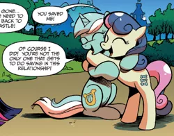 Size: 770x605 | Tagged: safe, artist:andypriceart, derpibooru import, idw, bon bon, lyra heartstrings, sweetie drops, earth pony, pony, unicorn, spoiler:comic, spoiler:guardians of harmony, dialogue, do ships need sails, eyes closed, female, happy, hug, lesbian, lyrabon, mare, official comic, open mouth, shipping, sitting, smiling, speech bubble