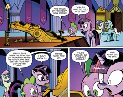 Size: 1363x1073 | Tagged: safe, artist:andypriceart, derpibooru import, idw, bon bon, lyra heartstrings, spike, sweetie drops, twilight sparkle, twilight sparkle (alicorn), alicorn, dragon, earth pony, pony, unicorn, spoiler:comic, spoiler:guardians of harmony, armor of friendship, comic, female, male, mare, official comic, speech bubble, twilight's castle