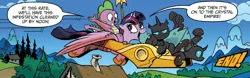 Size: 1227x385 | Tagged: safe, artist:andypriceart, derpibooru import, idw, spike, twilight sparkle, twilight sparkle (alicorn), alicorn, changeling, dragon, pony, spoiler:comic, spoiler:guardians of harmony, armor of friendship, female, flying, male, mare, official comic, speech bubble