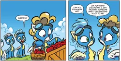 Size: 1312x669 | Tagged: safe, artist:jay fosgitt, derpibooru import, idw, fleetfoot, misty fly, surprise, pegasus, pony, spoiler:comic, spoiler:guardians of harmony, apple, basket, clothes, comic, female, food, goggles, mare, official comic, speech bubble, uniform, wonderbolts, wonderbolts uniform