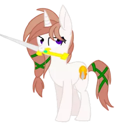 Size: 537x567 | Tagged: safe, artist:aureai-sketches, artist:toyminator900, derpibooru import, oc, oc:iphigenia, unofficial characters only, pony, unicorn, collaboration, mouth hold, simple background, solo, sword, transparent background, weapon