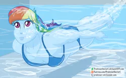 Size: 1000x619 | Tagged: safe, artist:professordoctorc, derpibooru import, rainbow dash, equestria girls, big lips, bikini, clothes, solo, swimming, swimming pool, swimsuit, underwater